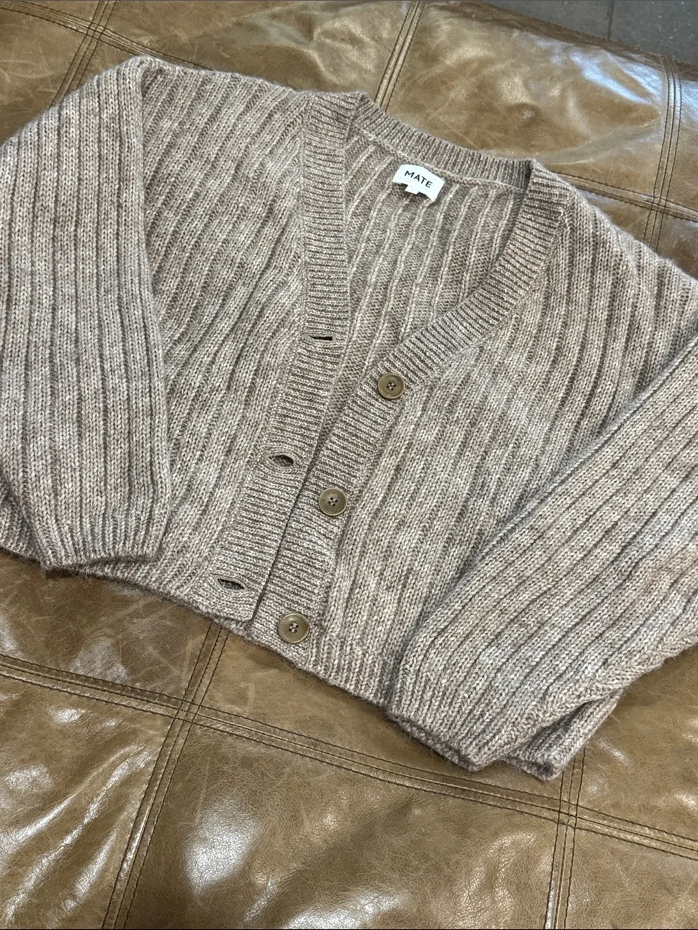 MATE the Label Luxe Alpaca Ribbed Button-Front Cardigan in Bark Taupe Small